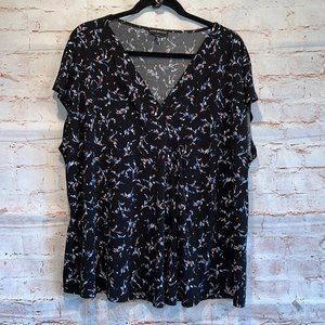 Lane Bryant short sleeve blouse pullover black floral 22/24 v neckline plus